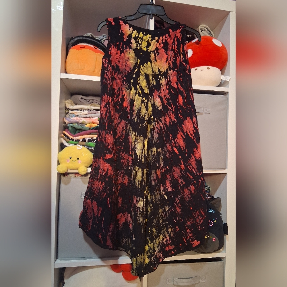 Tie-Dye Black Maxi Dress with Red and Yellow Accents